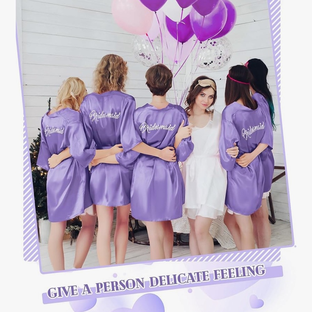 3 Bridesmaids Purple Robes Rhinestone Writing On The Back - Picture 2 of 4